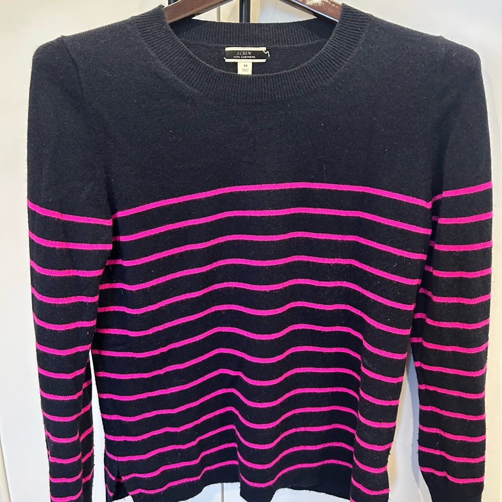 J Crew Navy and Pink Striped Cashmere Sweater